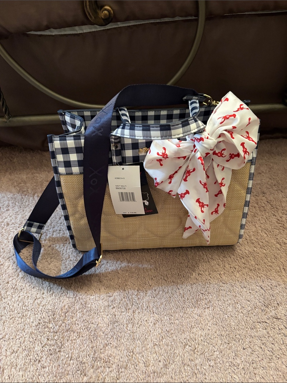 Betsey Johnson Navy Gingham & Natural Woven Crossbody with Red-Print Bow